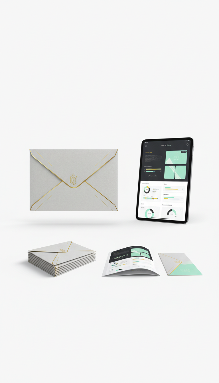 Client welcome envelope with gold accent